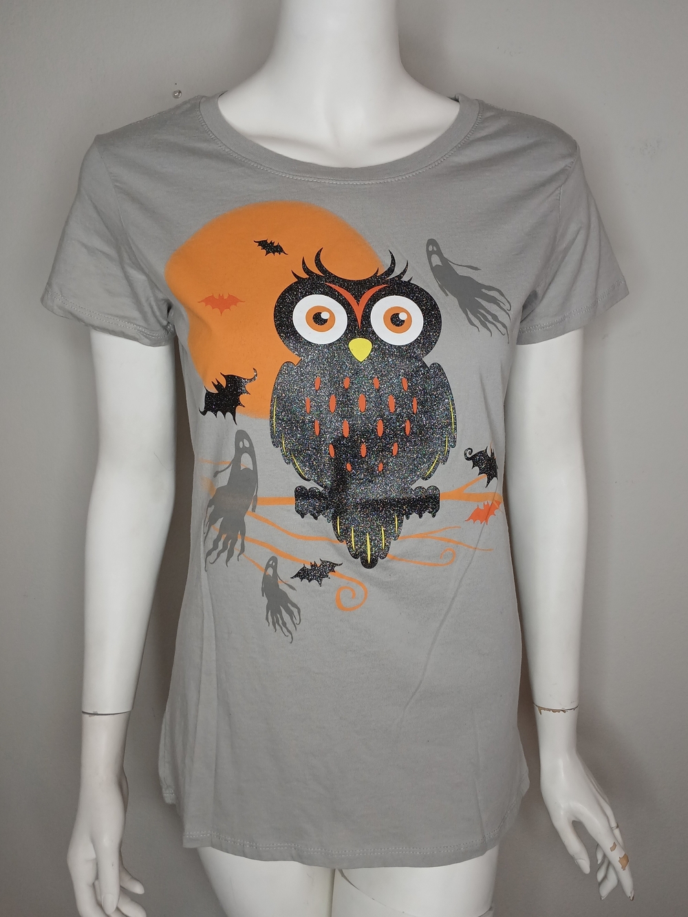 Halloween Owl Graphic Tee - Gray & Orange